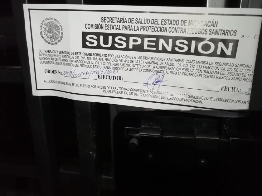 En Morelia, dos establecimientos suspendidos por no respetar medidas anti COVID-19