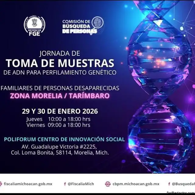 ADN, toma de muestras, perfilamiento genético, desapariciones, Morelia, Tarímbaro, ciencia genómica.