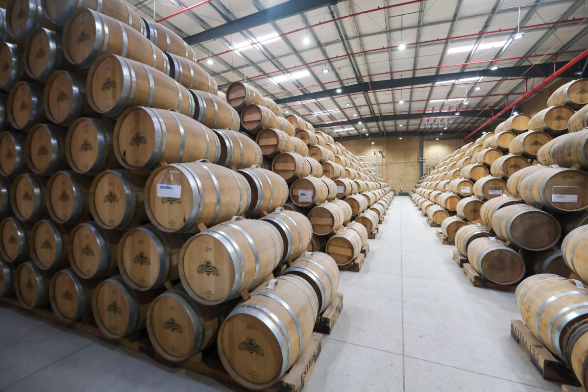 Aceite de oliva en barriles en una bodega de producción.