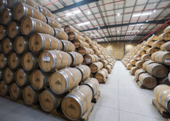 Aceite de oliva en barriles en una bodega de producción.