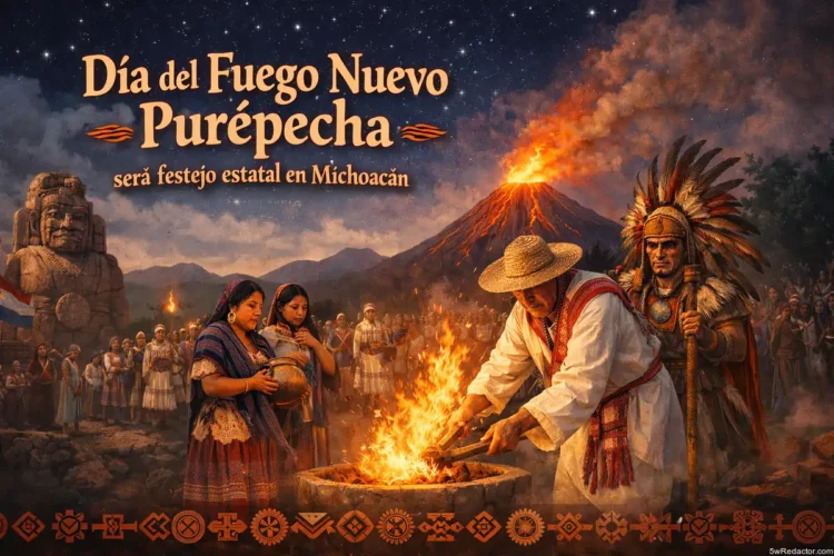 Llama a la acción para el Día del Fuego Nuevo Purépecha en Michoacán con imágenes culturales y tradi.