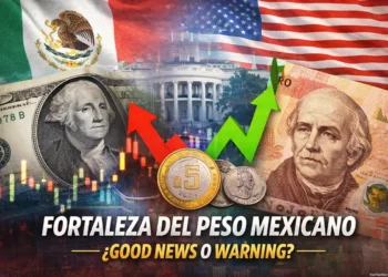 El peso mexicano y el dólar estadounidense con indicadores económicos y banderas de México y EE. UU.