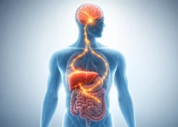 Sistema digestivo y cerebro humano en ilustración médica digital.