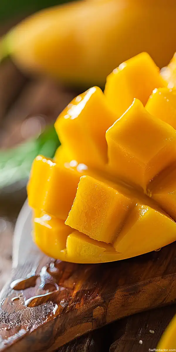 Mango fresco cortado en cubos, listo para comer o usar en recetas tropicales.