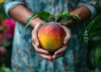 Mano sosteniendo un mango maduro en un huerto de frutas tropicales.