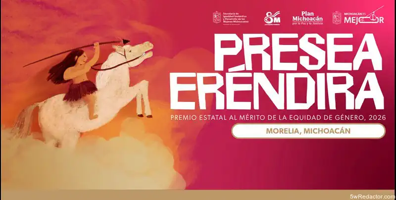 Caballo y mujer en una ilustración con fondo naranja y rosa, promoviendo la Presea Eréndira 2026 en.