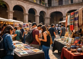 Arte y artesanías en mercado al aire libre en un patio histórico.